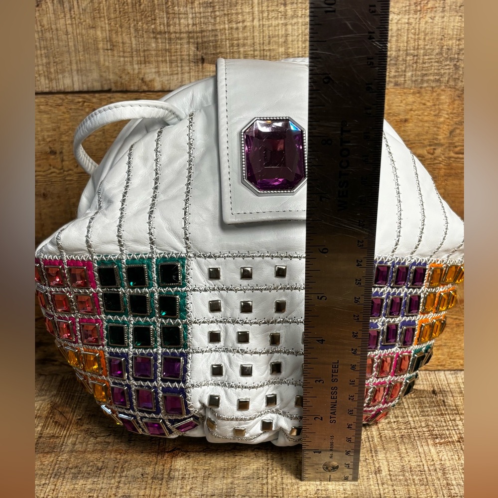 VTG Jeweled White Leather USA Purse 80s 90s Retro Colorful Bling Shoulder Bag - Picture 8 of 12